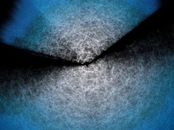 Two fan like structures show web-like substructures that are composed of millions of galaxies.